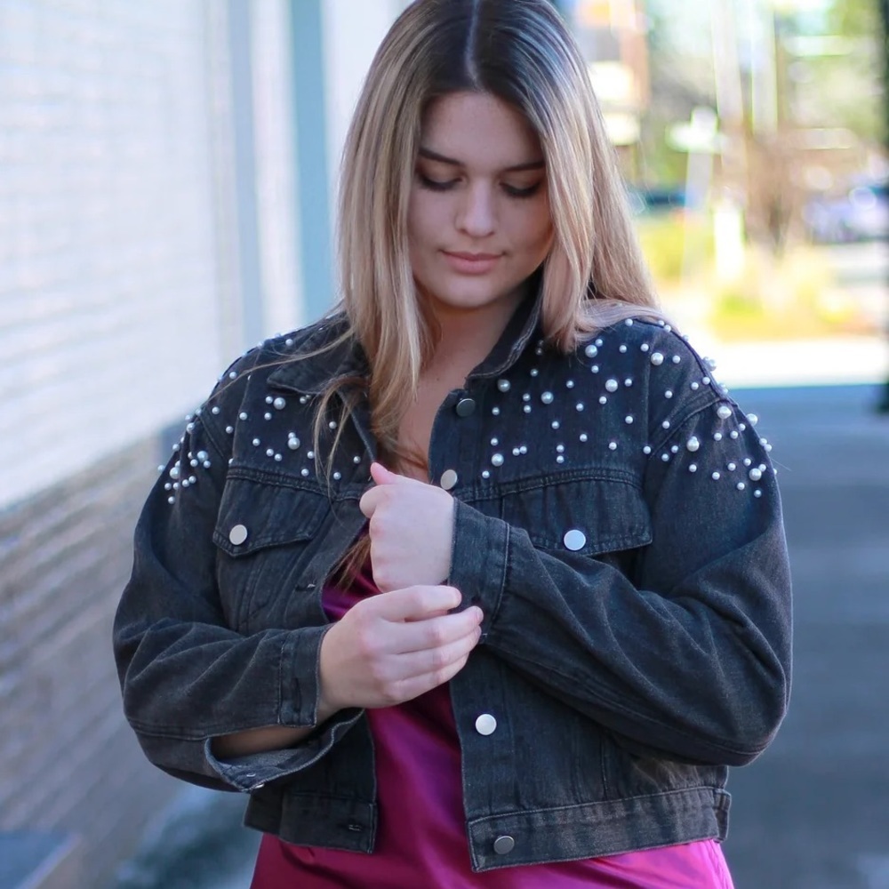Womens Black Pearl-Embellished Jean Jacket